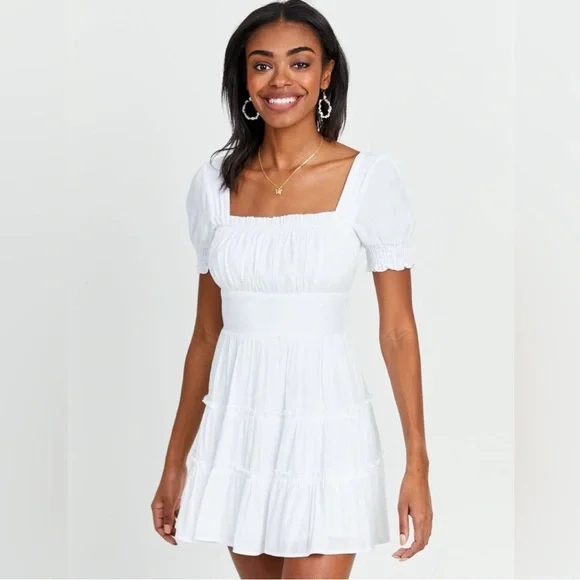 1 state puff sleeve tiered short dress 1.STATE Women's Printed V-Neck Tiered Bubble Puff Sleeve Mini Dress